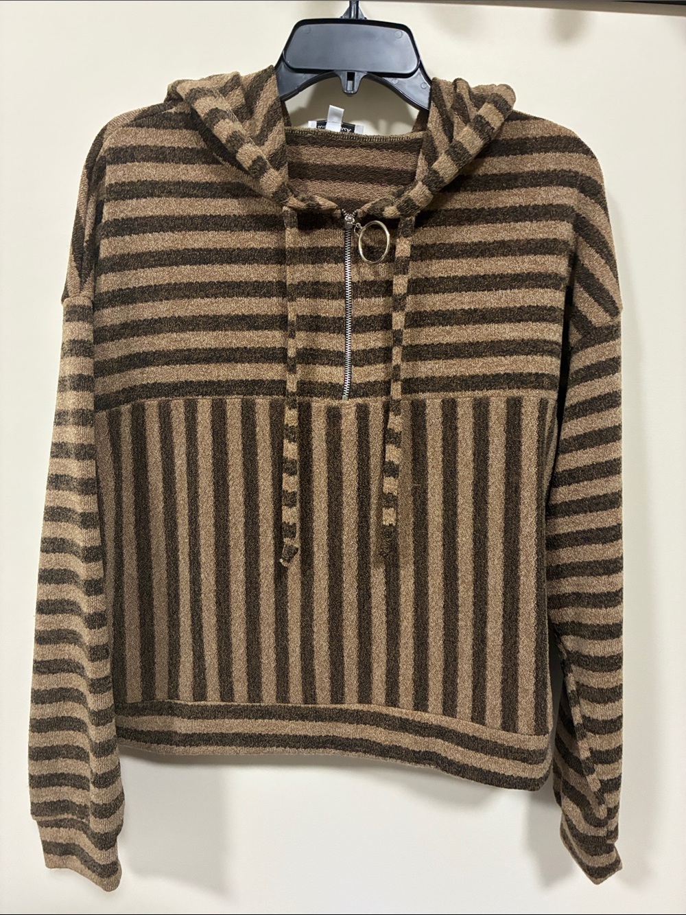 white birch Brown and Tan Striped Hooded Half-Zip Sweater medium
